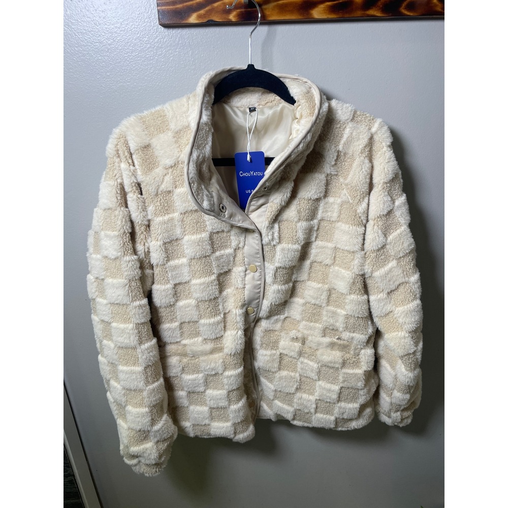 Chouyatou  Checkerboard Faux Fur Sherpa Jacket Cream Beige QMLHY30042 Size M
